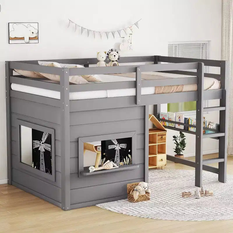 Lit mezzanine pour enfant, avec tableau noir, cadre de lit simple/double en bois