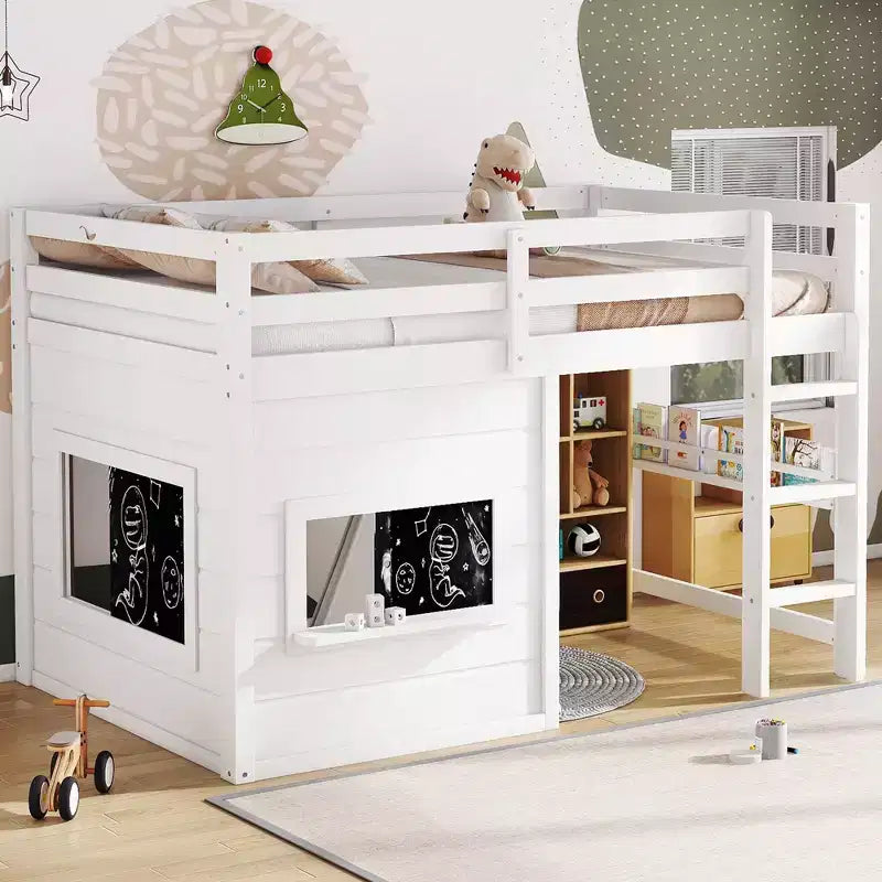 Lit mezzanine pour enfant, avec tableau noir, cadre de lit simple/double en bois