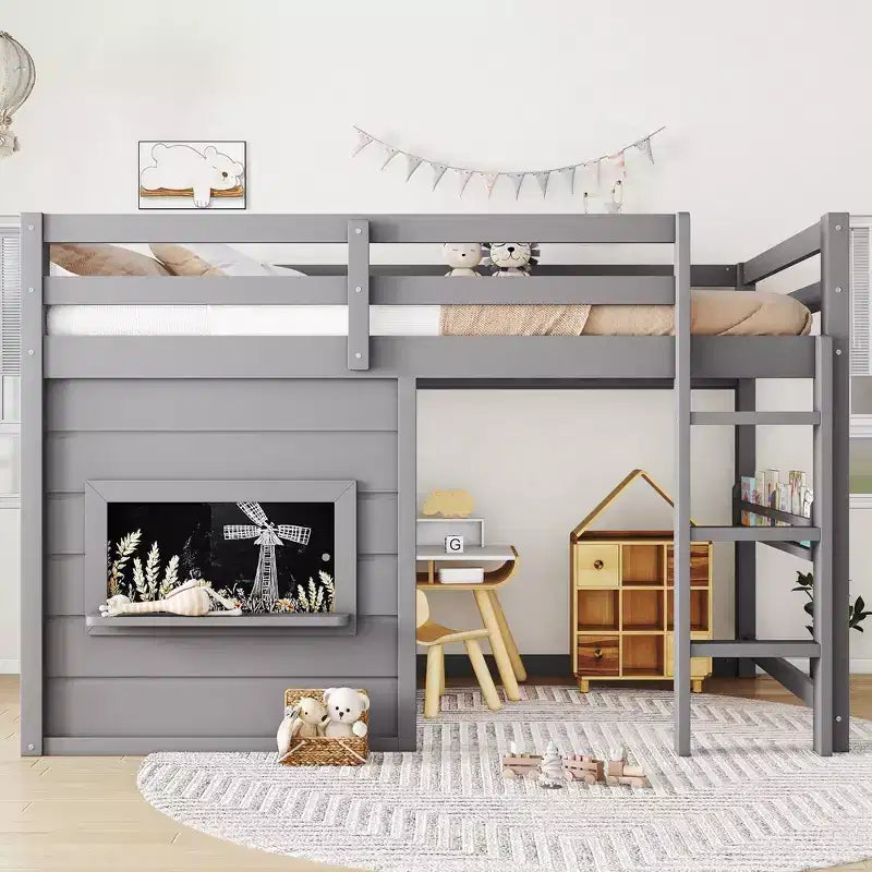Lit mezzanine pour enfant, avec tableau noir, cadre de lit simple/double en bois