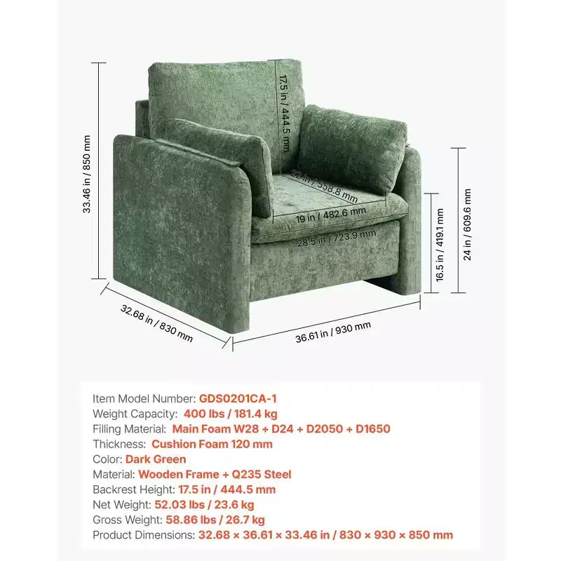 Fauteuil moderne rembourré avec coussin d'assise épais