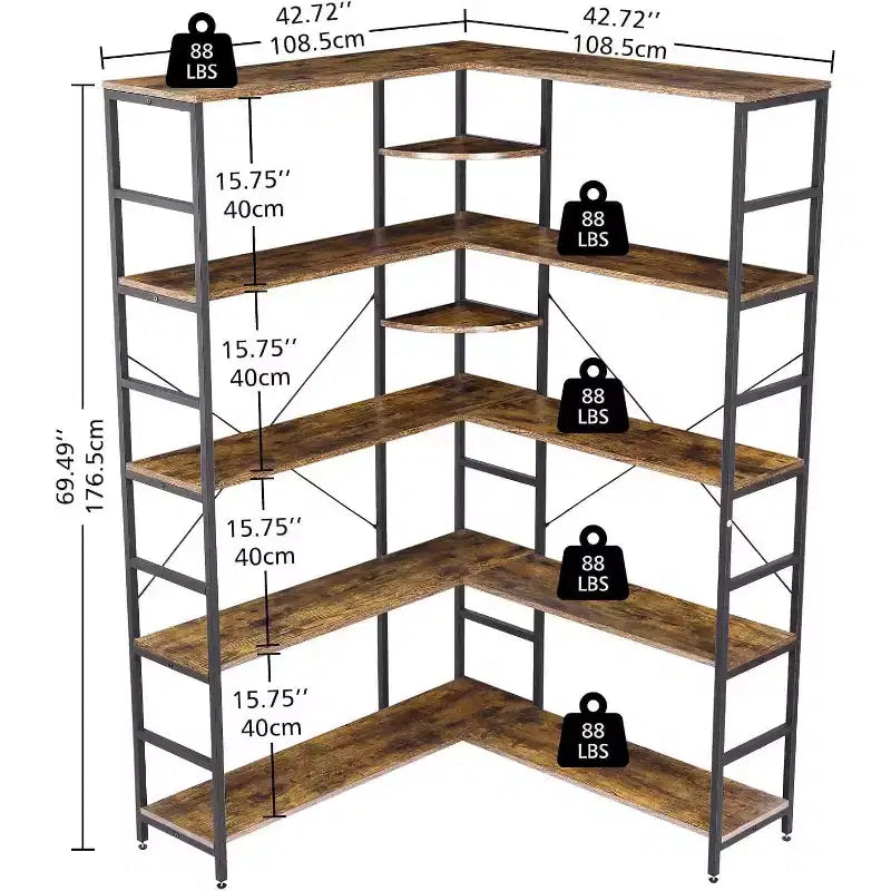 Bibliothèque d'angle industrielle en bois, étagère de rangement et de présentation grande capacité