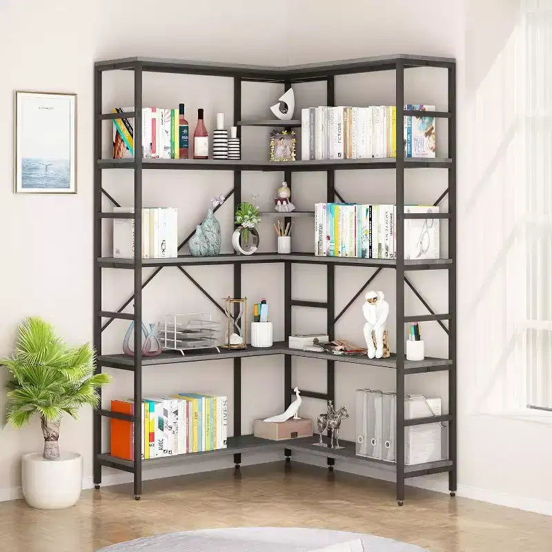 Bibliothèque d'angle industrielle en bois, étagère de rangement et de présentation grande capacité