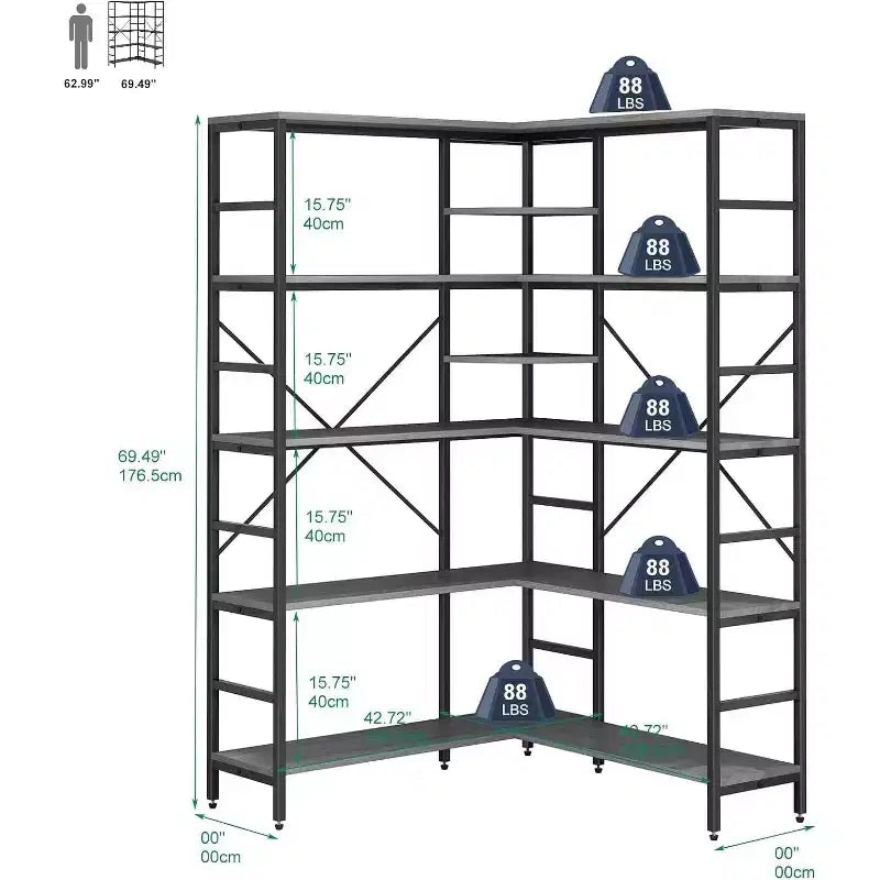 Bibliothèque d'angle industrielle en bois, étagère de rangement et de présentation grande capacité