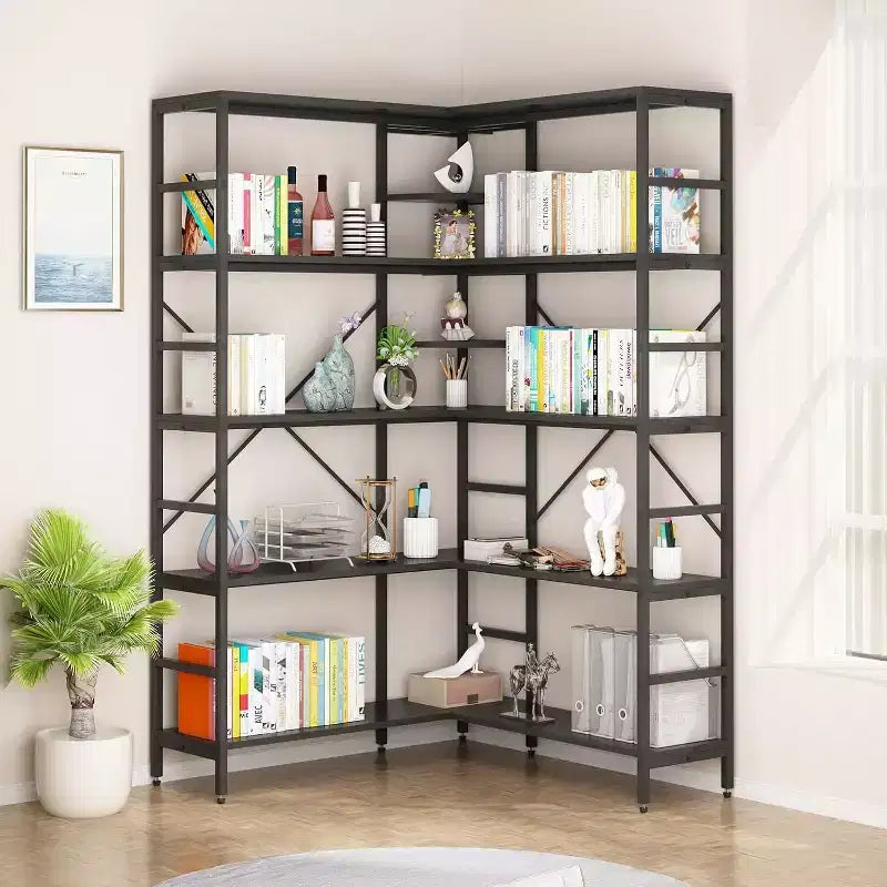 Bibliothèque d'angle industrielle en bois, étagère de rangement et de présentation grande capacité