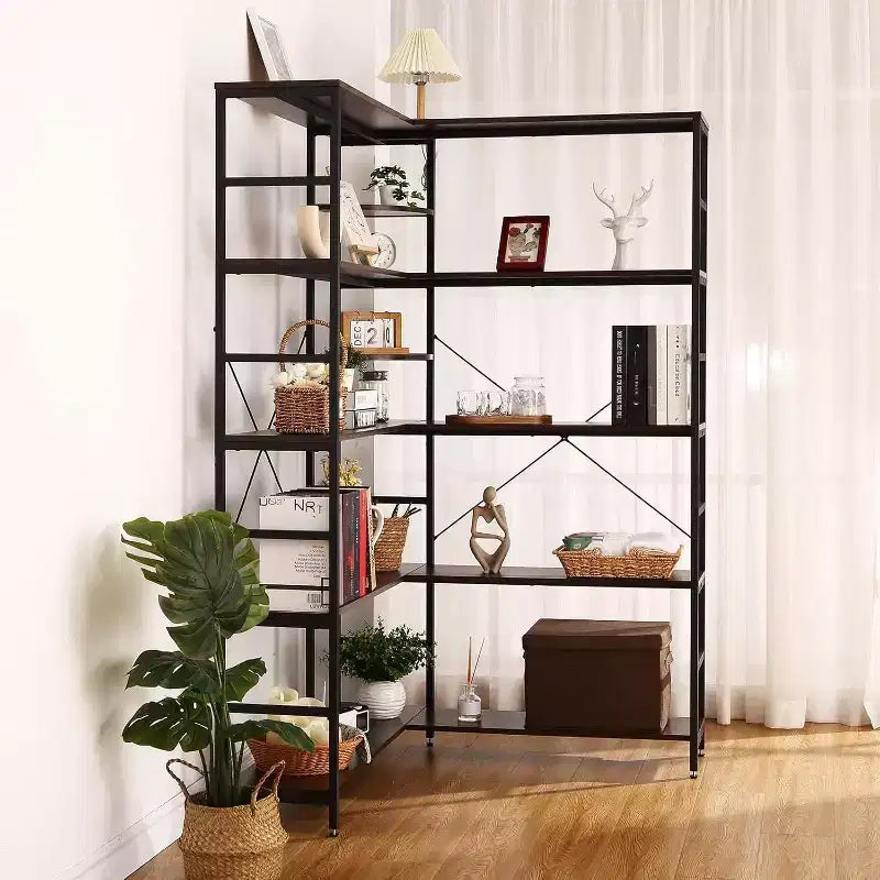 Bibliothèque d'angle industrielle en bois, étagère de rangement et de présentation grande capacité