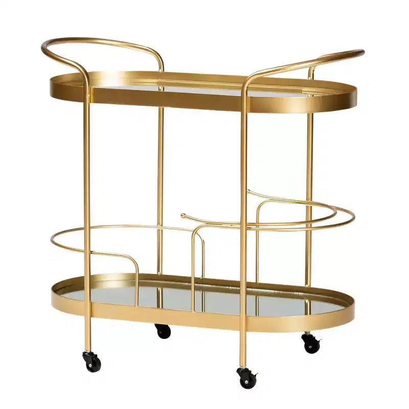 Meuble desserte mobile de bar en verre double couche effet miroir (doré)