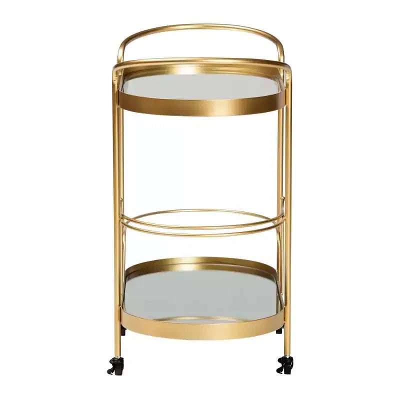 Meuble desserte mobile de bar en verre double couche effet miroir (doré)