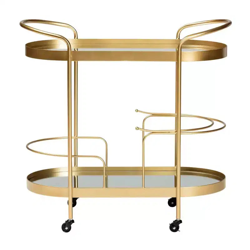 Meuble desserte mobile de bar en verre double couche effet miroir (doré)