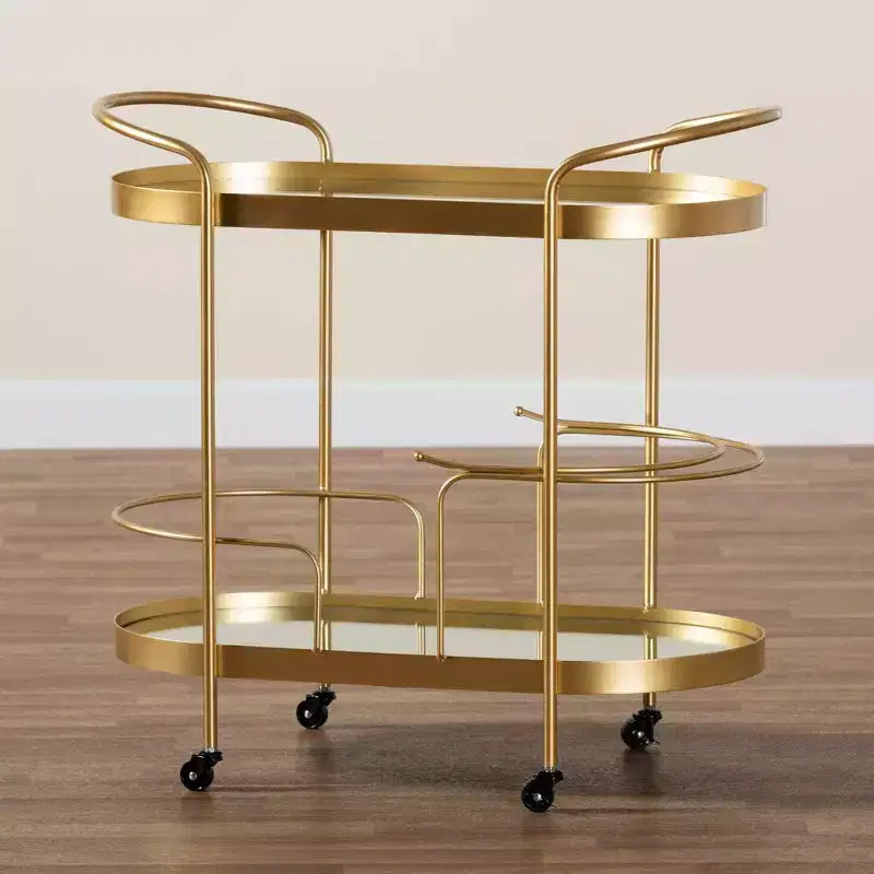 Meuble desserte mobile de bar en verre double couche effet miroir (doré)