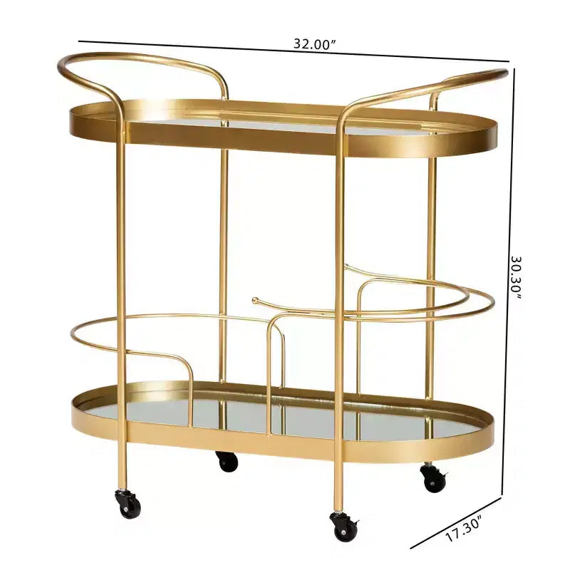 Meuble desserte mobile de bar en verre double couche effet miroir (doré)