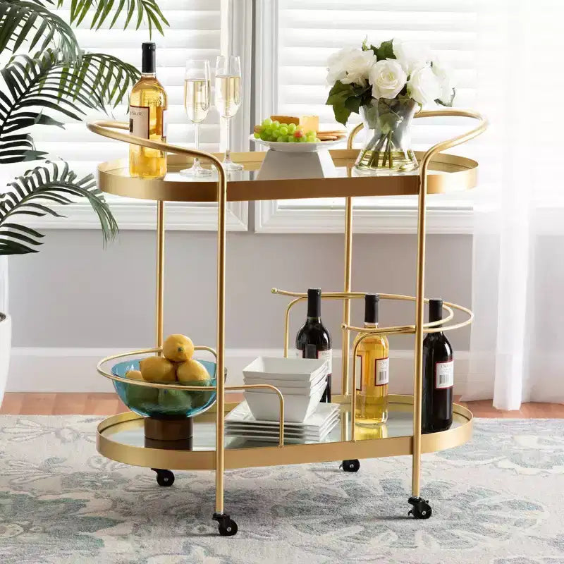 Meuble desserte mobile de bar en verre double couche effet miroir (doré)