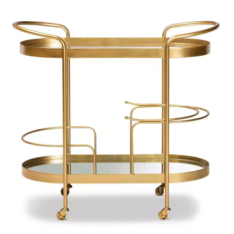 Meuble desserte mobile de bar en verre double couche effet miroir (doré)