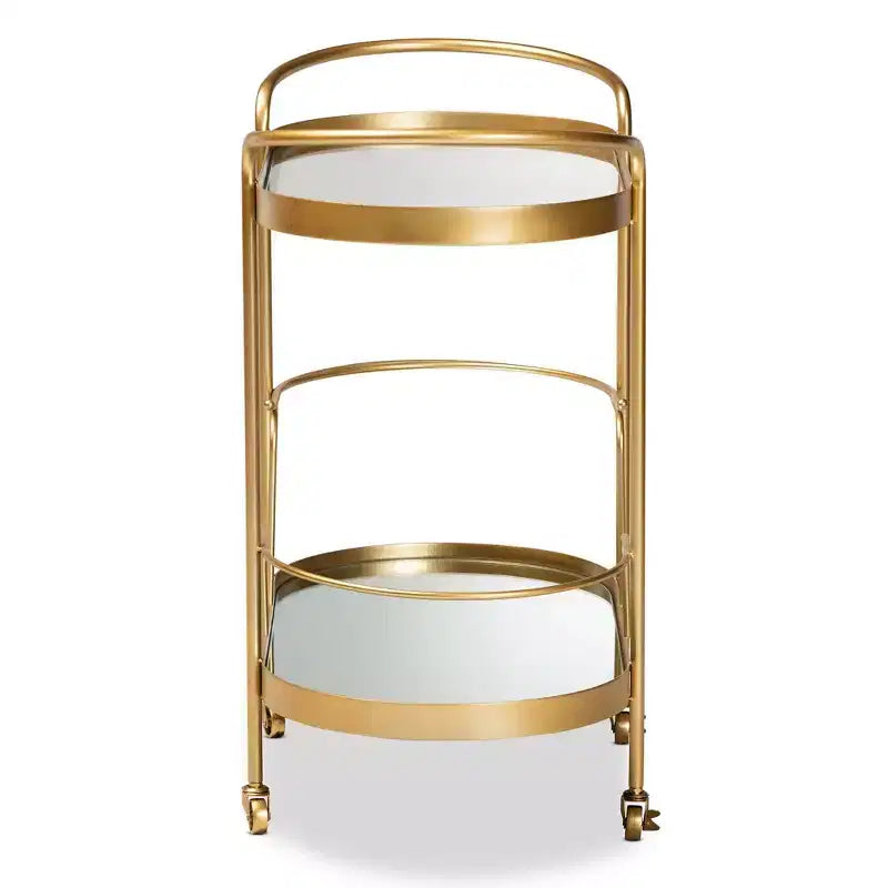 Meuble desserte mobile de bar en verre double couche effet miroir (doré)