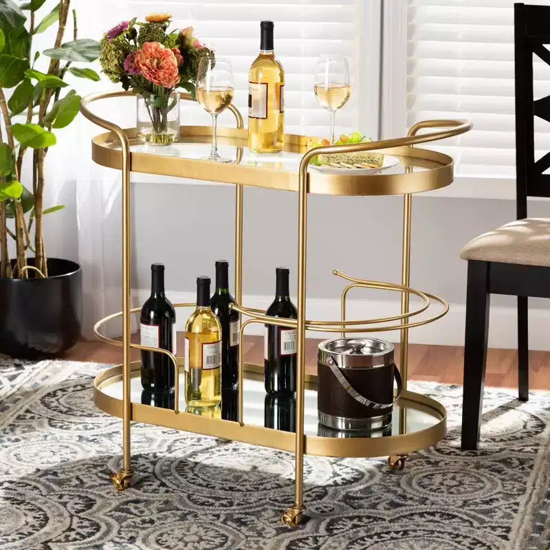 Meuble desserte mobile de bar en verre double couche effet miroir (doré)