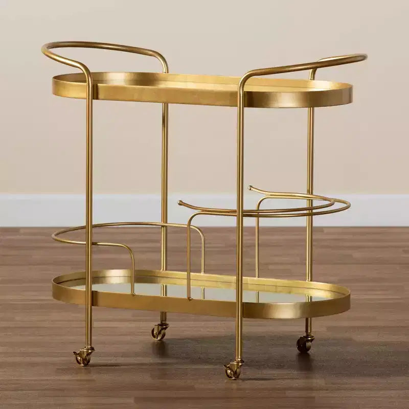 Meuble desserte mobile de bar en verre double couche effet miroir (doré)
