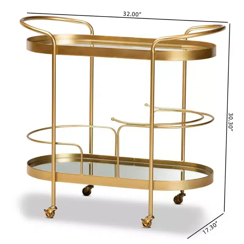 Meuble desserte mobile de bar en verre double couche effet miroir (doré)