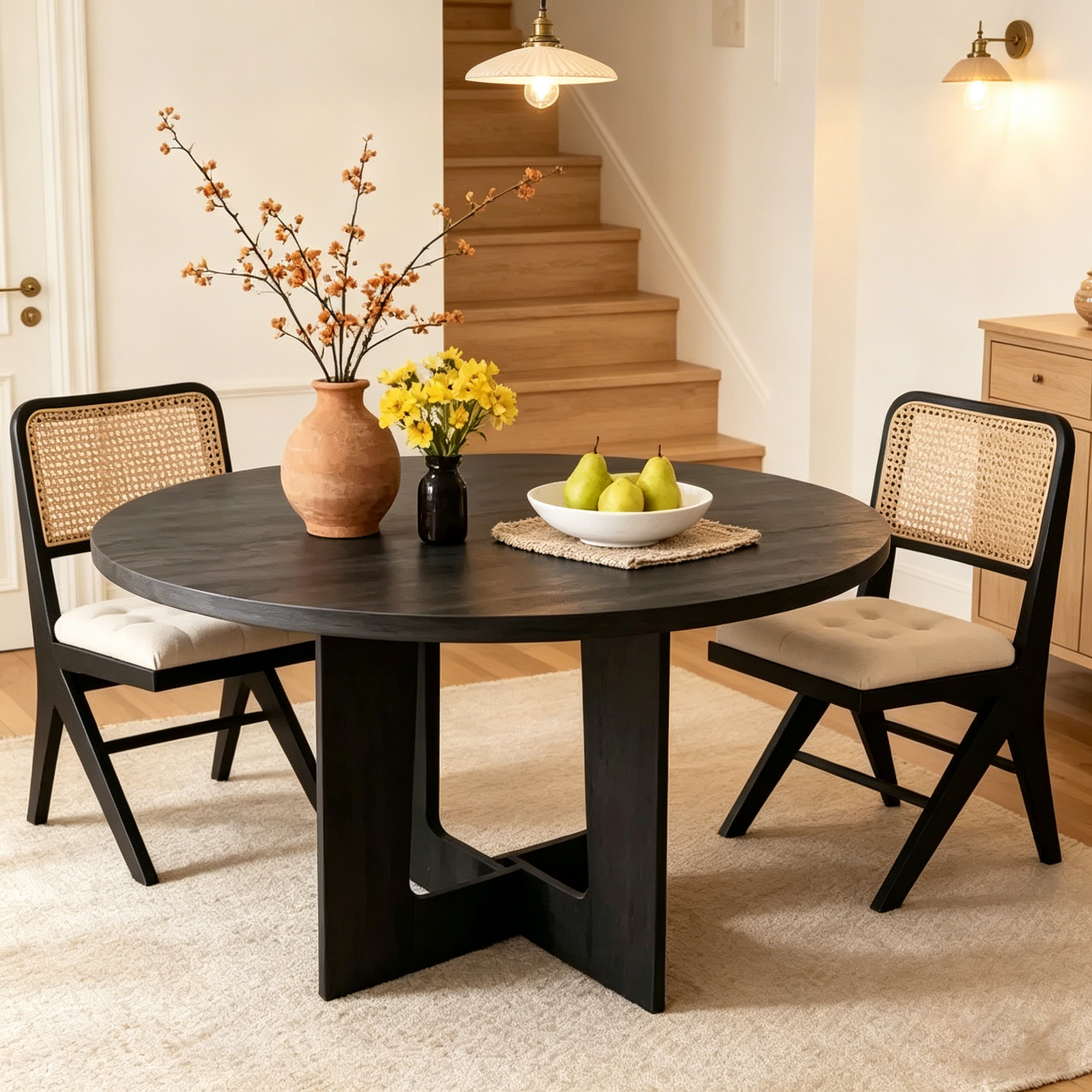 Table à manger ronde, table de cuisine en bois, piètement croisé